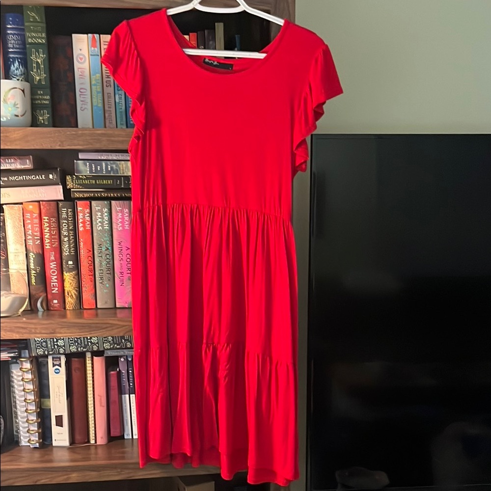 Red Tiered Midi Sundress with Flutter Sleeves